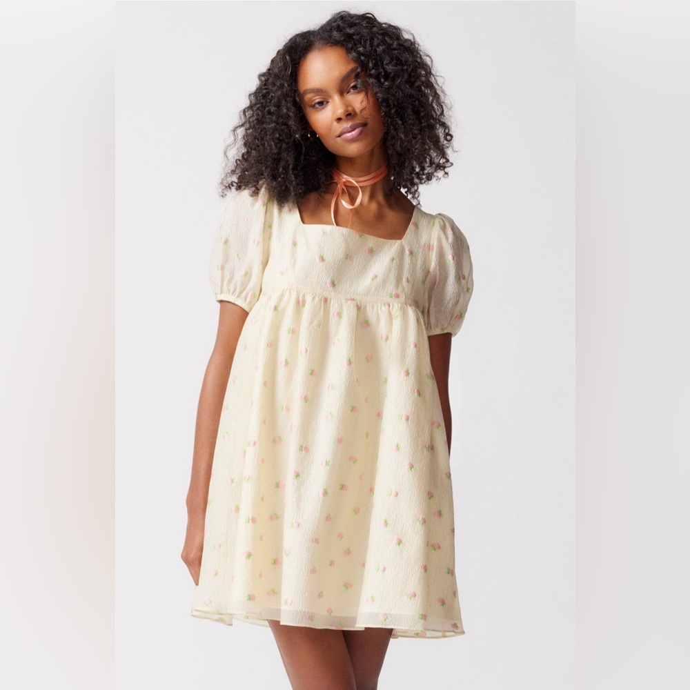 Glamorous x Urban Floral Yellow Pink Fruit Organza Babydoll Mini Dress Small NWT
